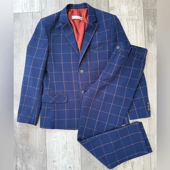 YuanLu Boys Navy Windowpane Plaid Suit Set Jacket Pants Size 12 Formal - Picture 1 of 14